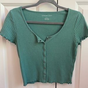 American Eagle Medium Green Ribbed Button-Up Shirt